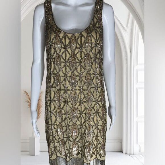 Badgley Mischa Gold Geometric Beaded Fringe Sleeveless Dress - Picture 2 of 4